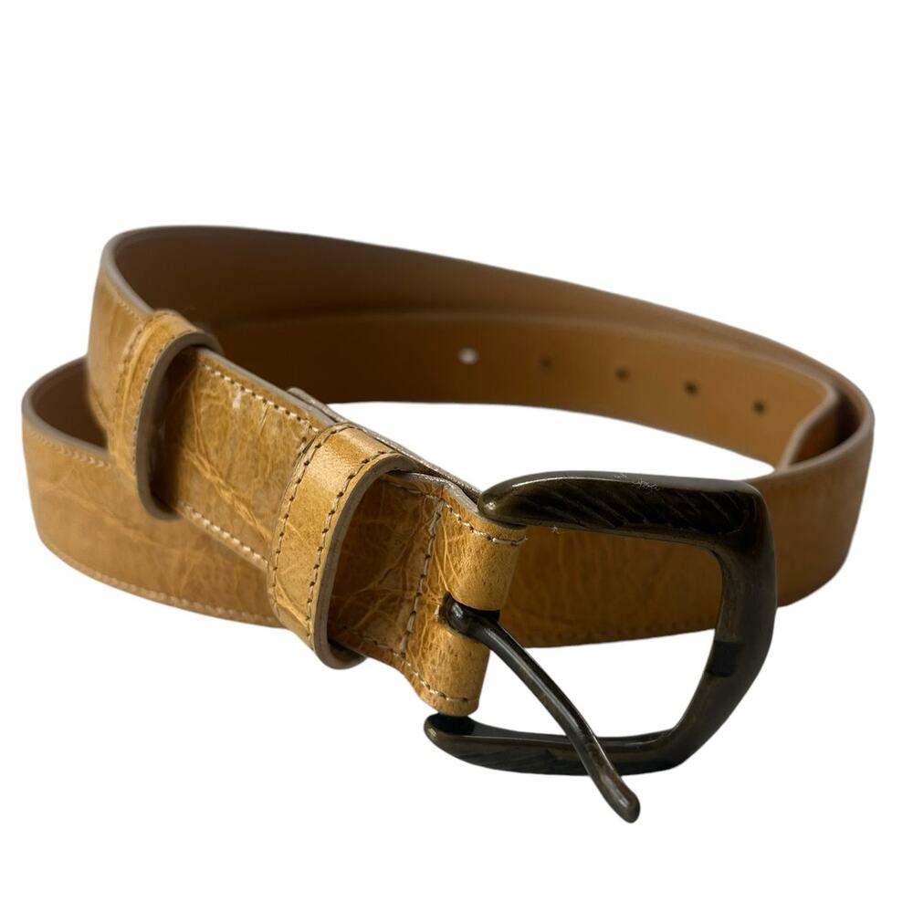 BYBLOS Leather Brass Buckle Womens Belt Sz EU 95 Medium Yellow Italy Adjustable
